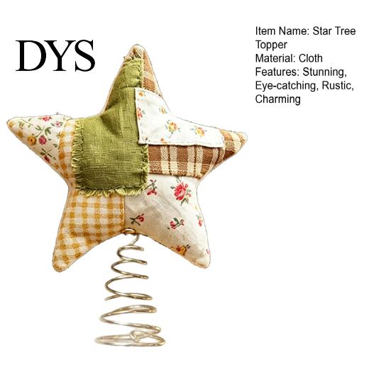 Plush Star Decor Christmas Tree Topper, Patchwork Stuffed Xmas Retro Pastoral Ornament for Winter Holiday Party Home Handmade Cloth Topper