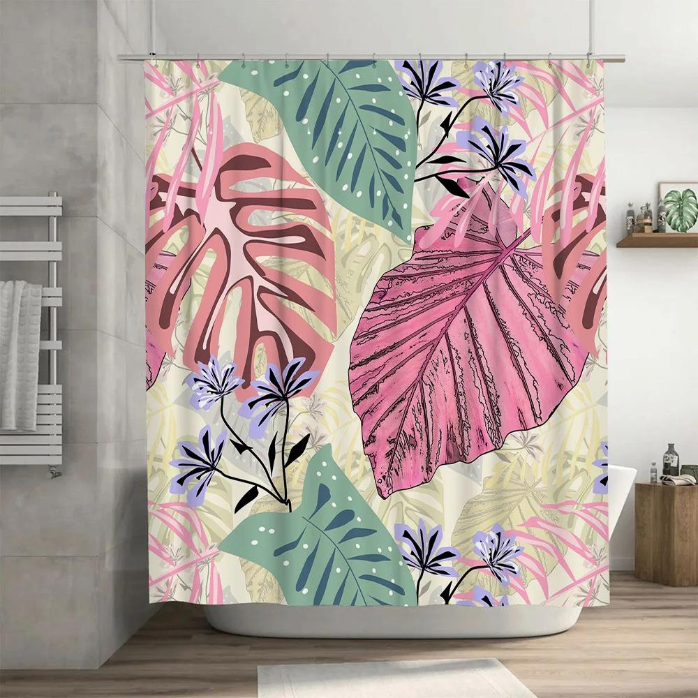 Summer Tropical Leaf Shower Curtain: Bold Pink Green Blue Floral Design for Bathroom Decor Watercolor Artistic Bathing Room Deco