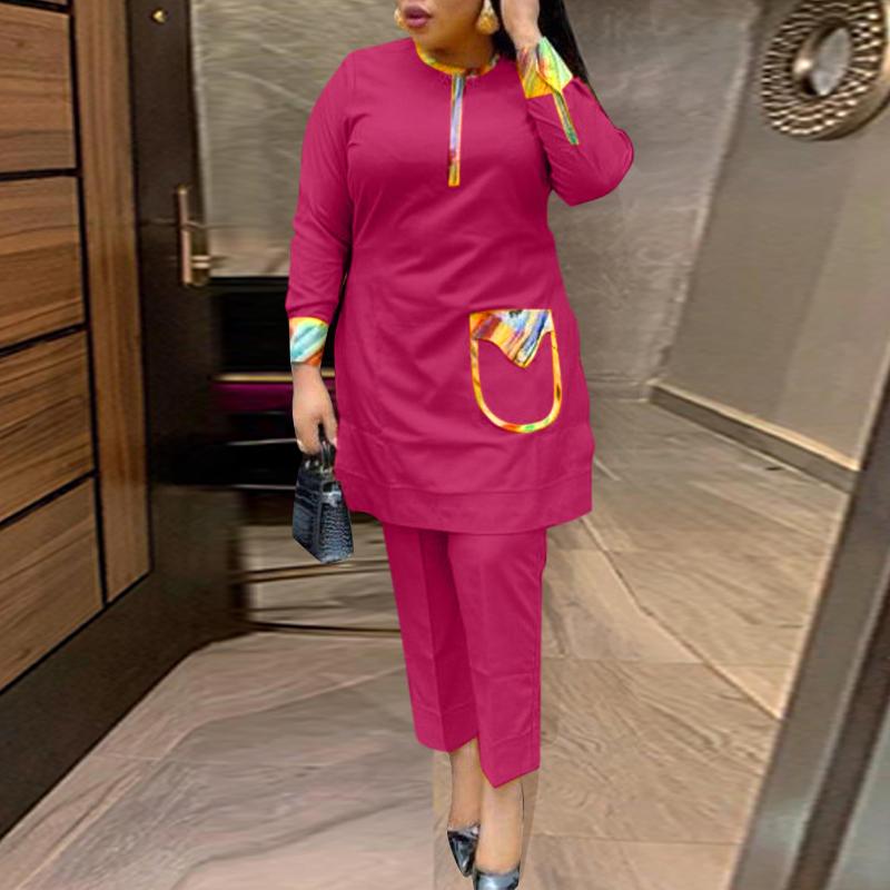 Damen Übergröße Rundhals Ausländisches Material Patchwork Taschen Lässige Einfarbige Oberteile Hosen