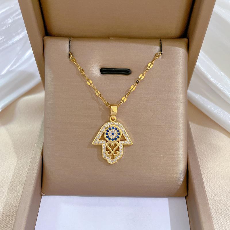 Stainless Turkish Hamsa Hand Fatima Crystal Necklace For Women Evil Eye Necklaces Gold Color Clavicle Long Chain Lucky Jewelry