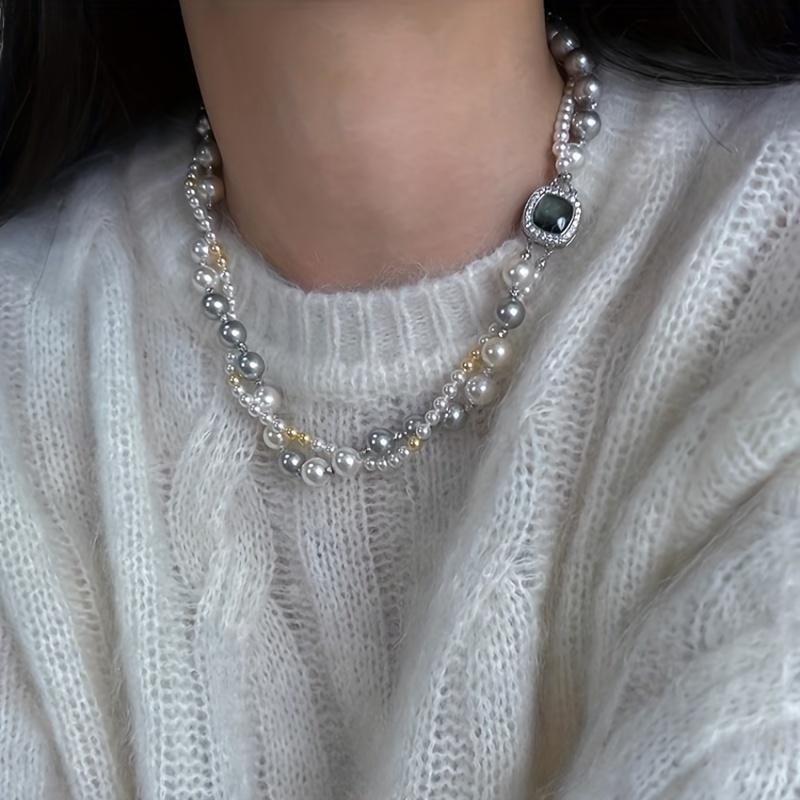 Double Layered Twisted Mixed Color Imitation Pearl Necklace, French Sweater Chain, Light Luxury Collarbone Chain, Party Gift