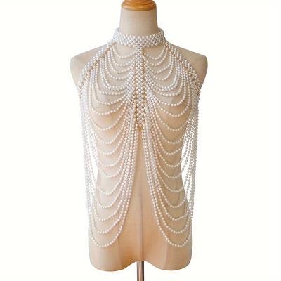 Creative Exaggerated Multi Imitation Pearl Tassel Design Shawl Chest Chain Sexy Luxury Style Personality Female Body Chain