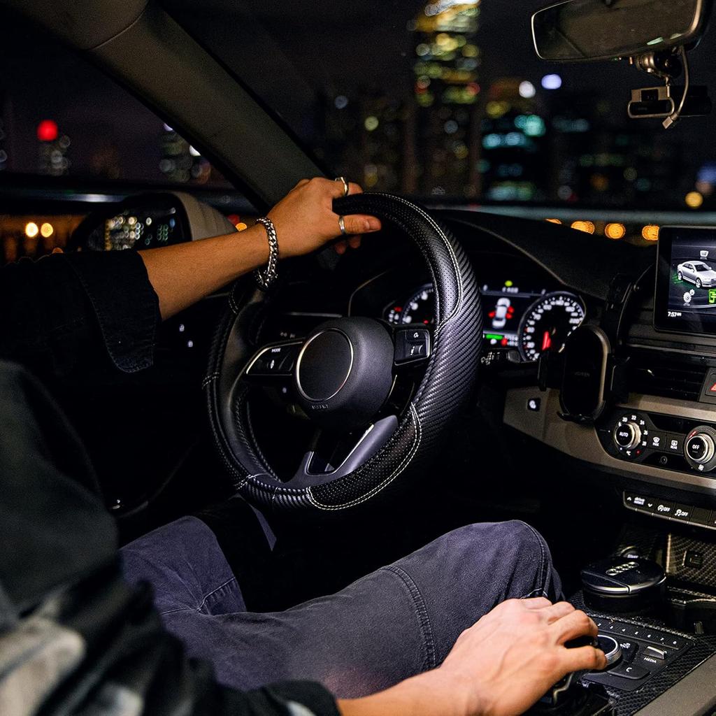 CAR-GRAND Carbon Fiber Steering Wheel Cover, Premium Breathable Leather Sporty Wheel Protection Interior Accessories Standard Size[14" 1/2-15"]