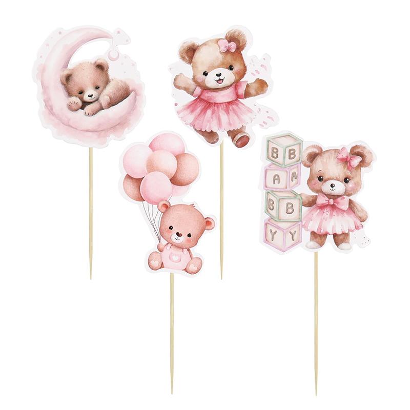 12pcs Baby Bear Cupcake Toppers for Kids Boy Girl 1st Birthday Party Decoration Blue Pink Baby Shower Favors Cake Dessert Picks