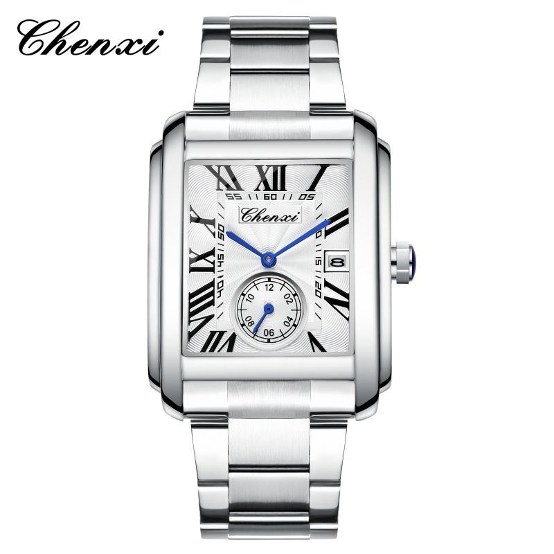 CHENXI 8216 Men's Quartz Watches Fashion Business Simple Silvery Stainless Steel Strap Square Wristwatches for Male Gift