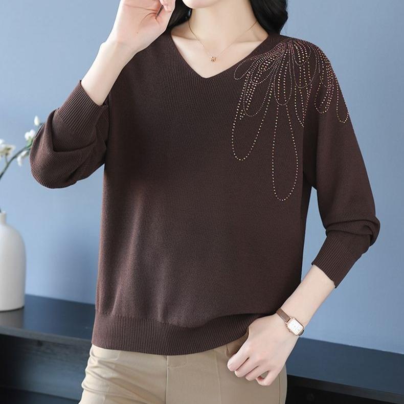 Spring Autumn Women's V-Neck Knitted Sweater Loose Solid Pullover Knitwear Thin Rhinestone Knit Top