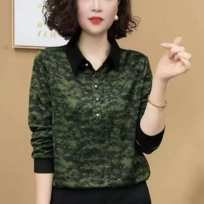 

2024 Ранняя осень Цветочный пэчворк Отложной воротник Длинный рукав Приталенная блузка для женщин среднего возраста XL (40-55 kg) зелёный