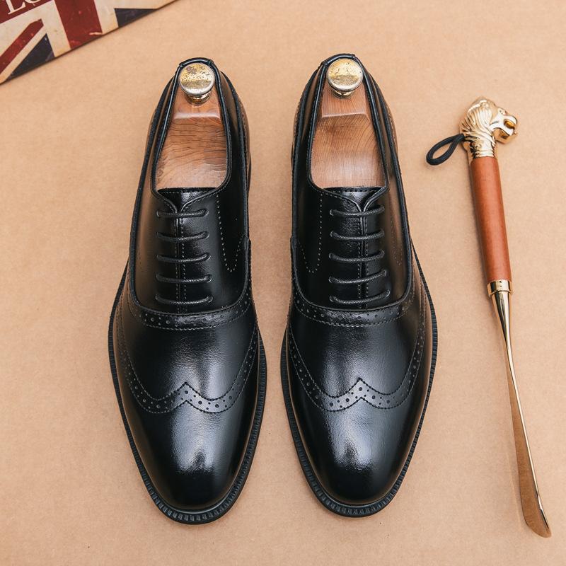 Spring and Autumn British Business Round Head Leather Shoes Men's Carved Brock Dress Derby Shoes Office Wedding Shoes