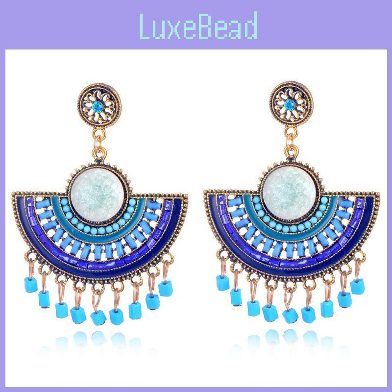 Trendy Geometric Fan Tassel Beaded Earrings For Women In Blue With Alloy Material