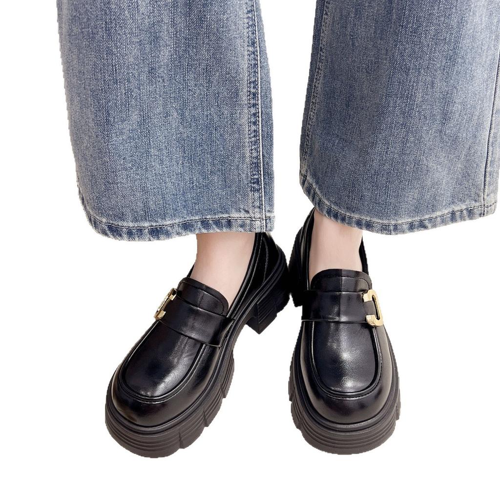 Thick-soled Thick-heeled Black Women's Autumn New Retro One-pedal Mary Jane Small Leather Shoes