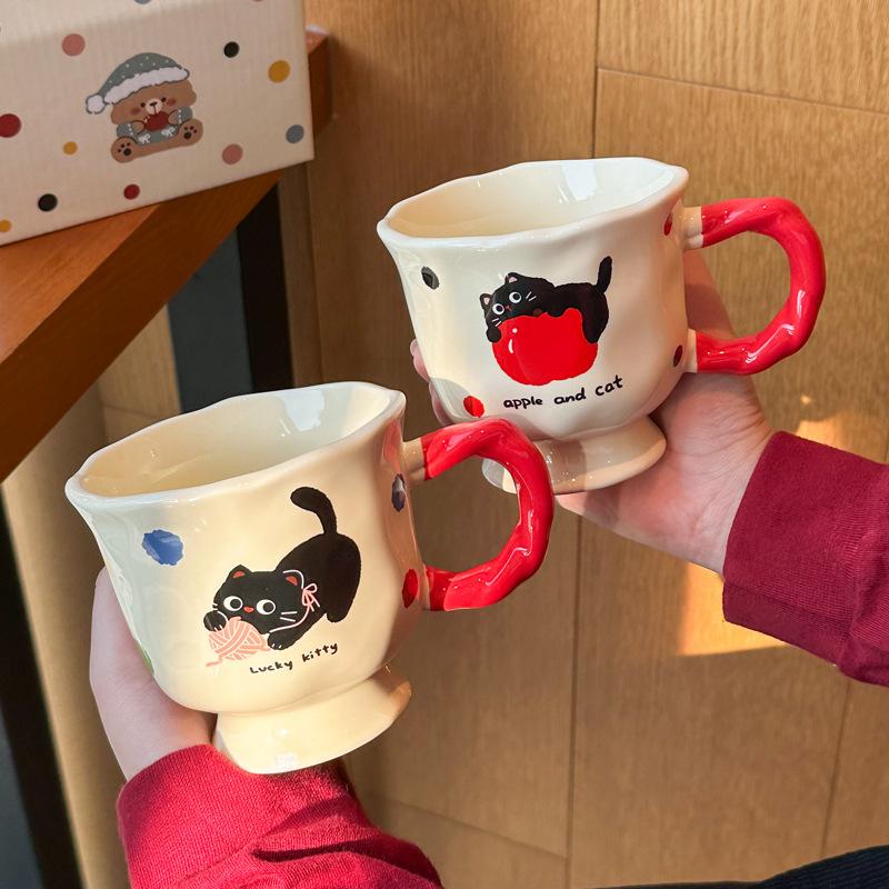 Cute cat apple ceramic mug as a gift, couple drinking cup for girls' birthday gift gift gift box