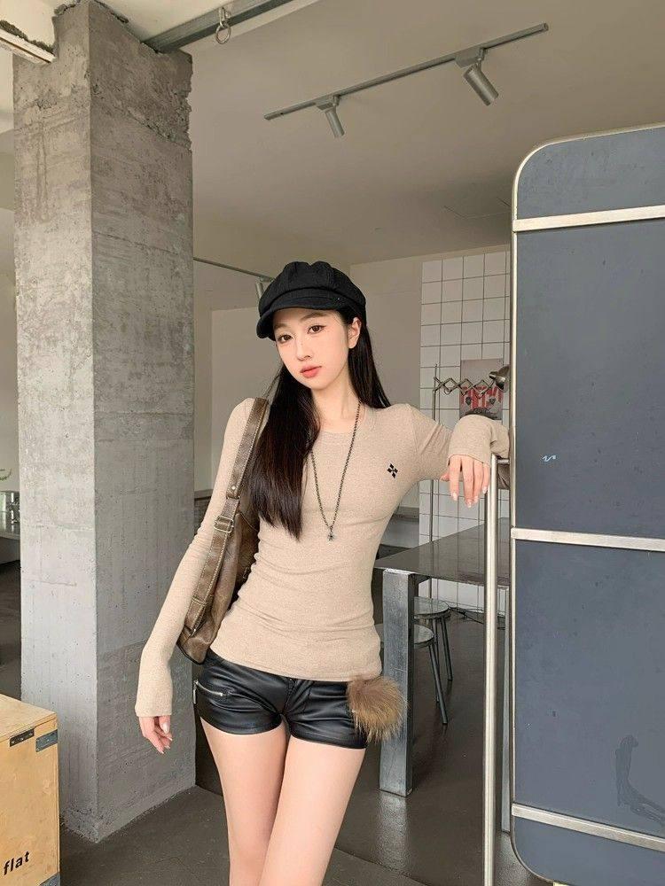 Women's Slim Fit Long Sleeve Embroidered Top - Round Neck, Elastic, Elegant Base Layer for Autumn & Winter