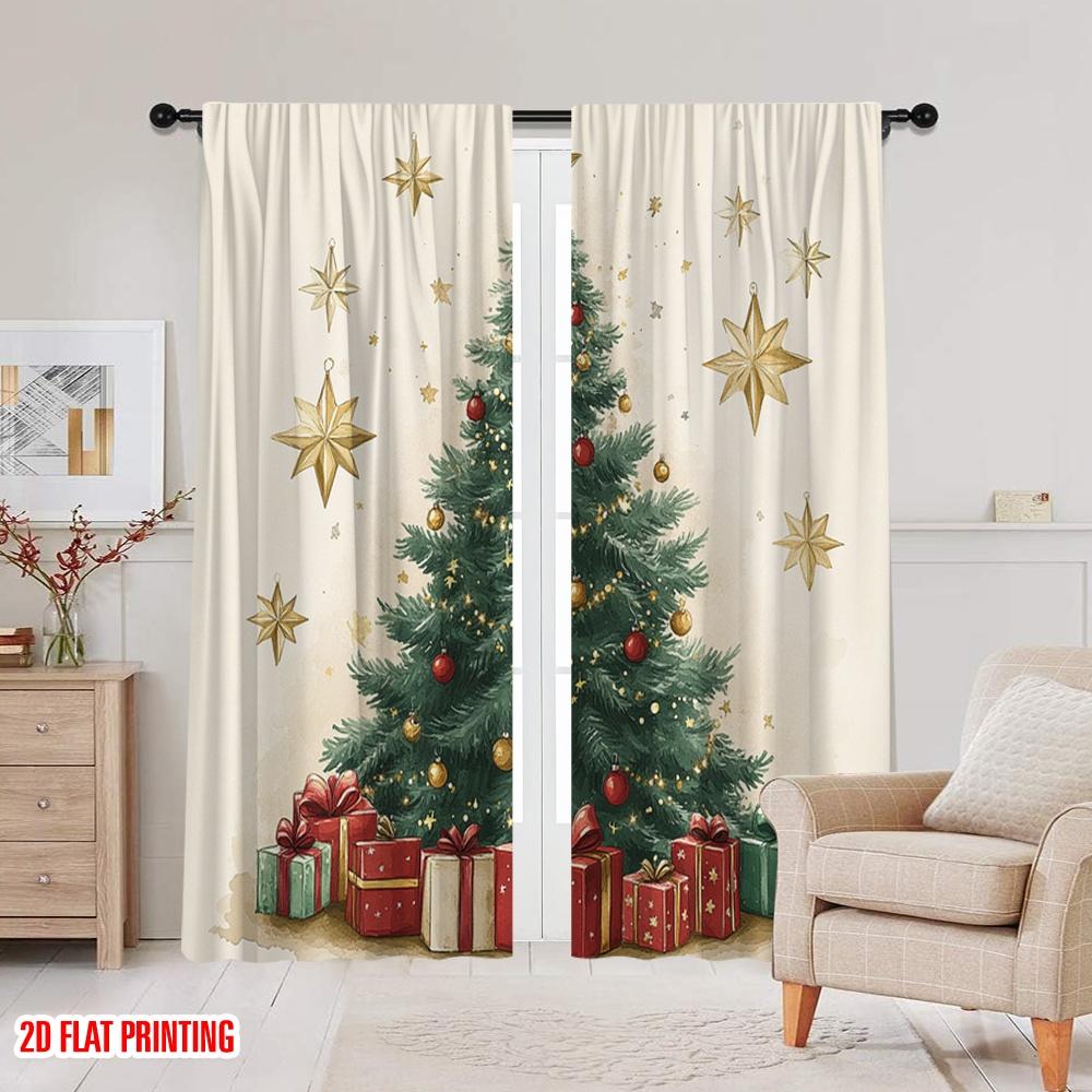2pcs,2D Plane Printing Curtains&Window Treatment Christmas Tree Gifts Stars_a (3) Polyester Woven (without Rod) Home Decor for