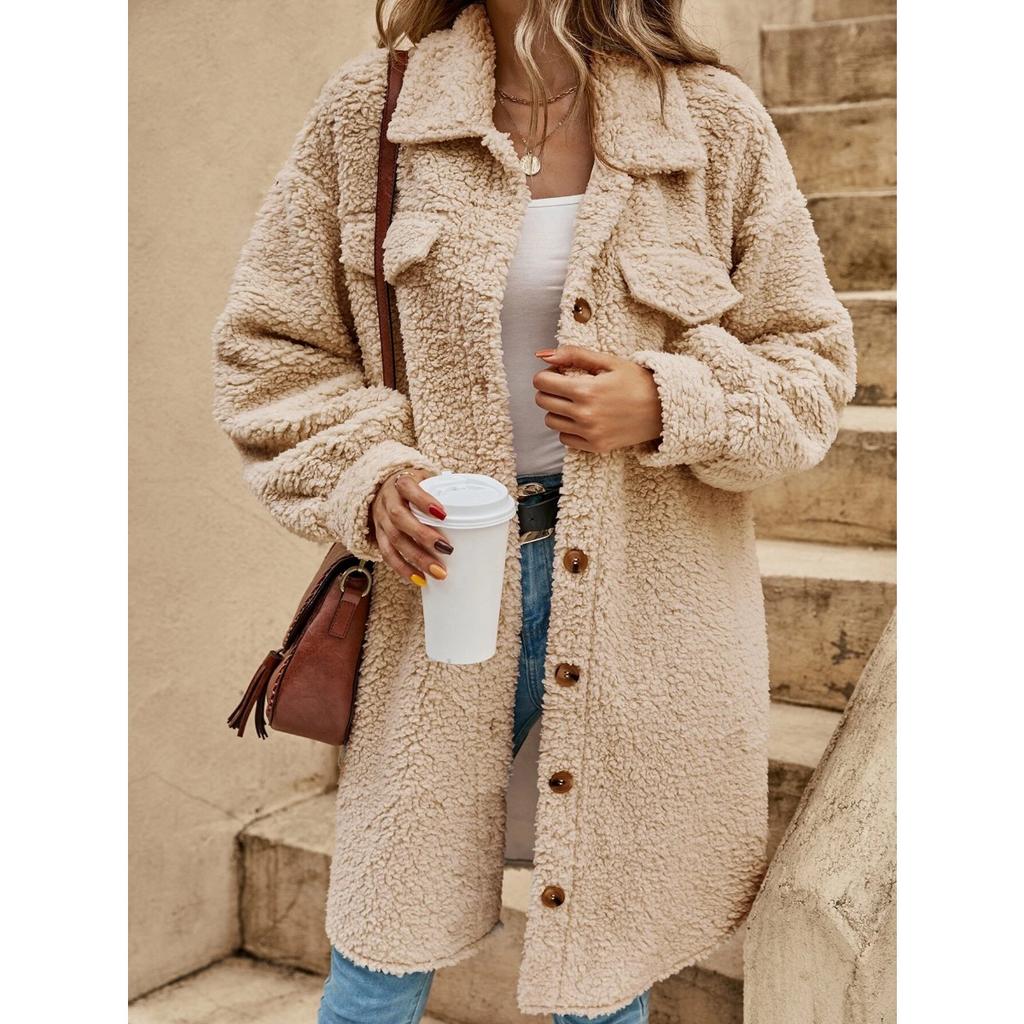 Women's Winter Long Loose Plush Coat, Turn-down Collar Buttoned Open Front Oversized Warm Overcoat for Women, European & American Style