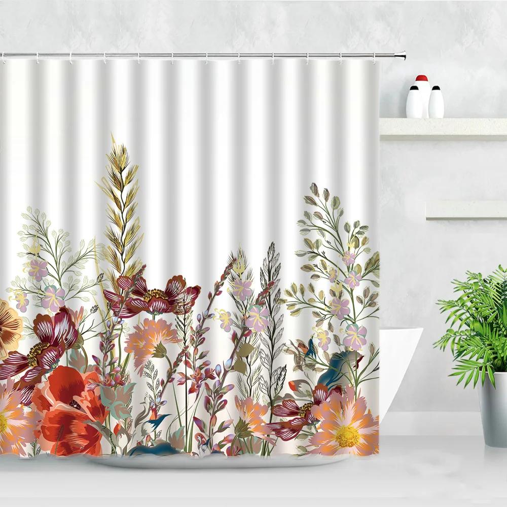Natural Floral Shower Curtains Flowers Green Leaf Butterfly Water Color Art Nordic Modern Waterproof Bathroom Decor Curtain