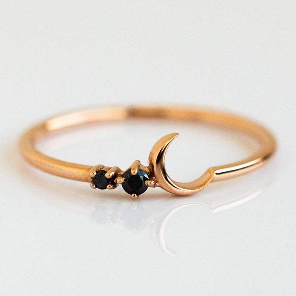 Vintage Onyx Half Moon Wedding Ring Crescent Design Engagement Jewelry Minimalist 14k Solid Gold Plated Silver Ring