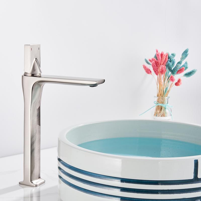 Bathroom Basin Sink Faucet Deck Mounted Square Brass Tall Mixer Single Handle Hot and Cold Water Mixer Tap