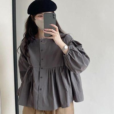 Shirts Women Loose Crop Solid Folds Puff Sleeve Schoolgirl Leisure Simple All-match Spring Top