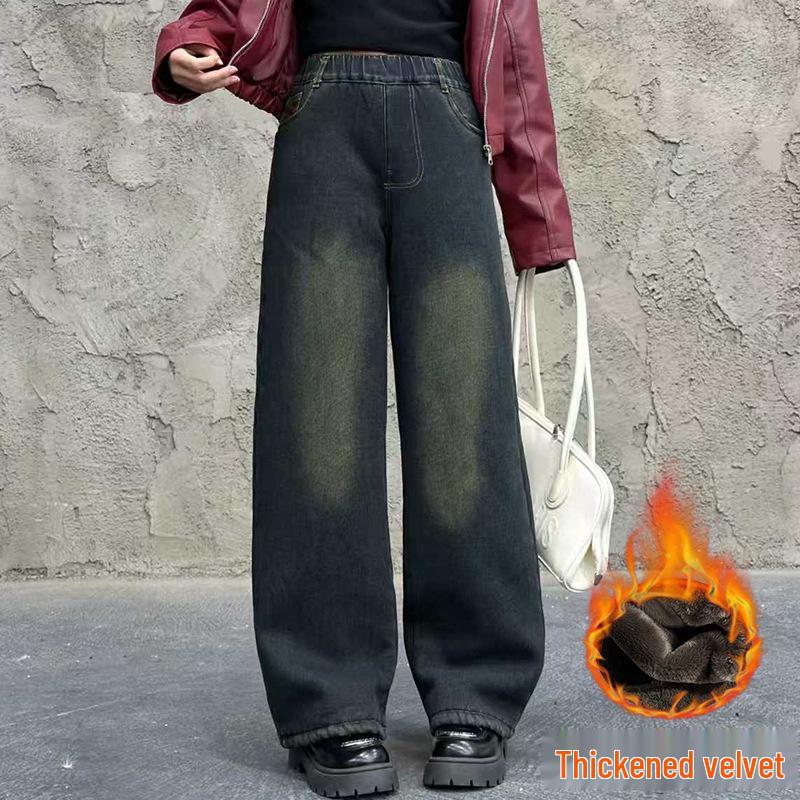 

Women s Thick Denim Rabbit Fur-Lined Straight-Leg Pants 150 cm