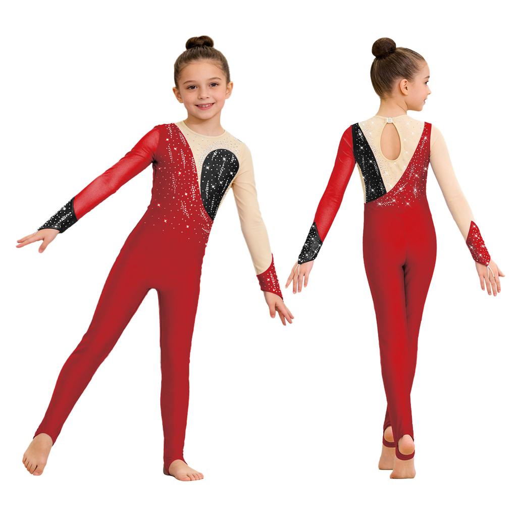 Veelzijdige Trainings- & Wedstrijdjumpsuit voor Kinderen Meisjes: Kenmerken Vingergaten, Mesh Patchwork & Strass Accenten