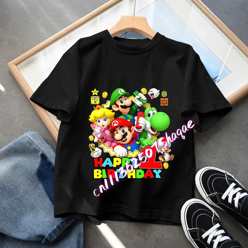Cartoon Super Marios Children Birthday Number TShirt Clothes Party Figure Print Boys BabyTShirt Blue Short Sleeve Tops Tee Gift