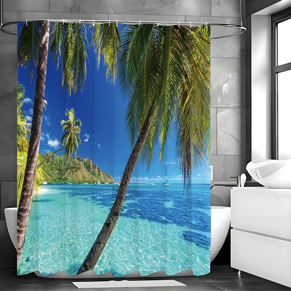 Ocean Coconut Tree Shower Curtain, Bathroom Decorative Shower Curtain, Waterproof Shower Curtain with Hooks