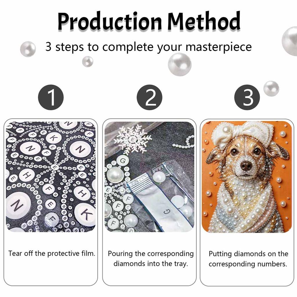 Handmade Framed Pearl Painting Set with Cute Elegant Puppy Wearing Towel Design 5D Shiny Bead Art Canvas Creative Craft for Room Decor