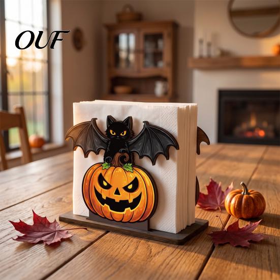 Pumpkin Napkin Holder Halloween Wooden for Table, Black Cat Bat Paper Stand Standing Dispenser, Towel Holiday Party Decor