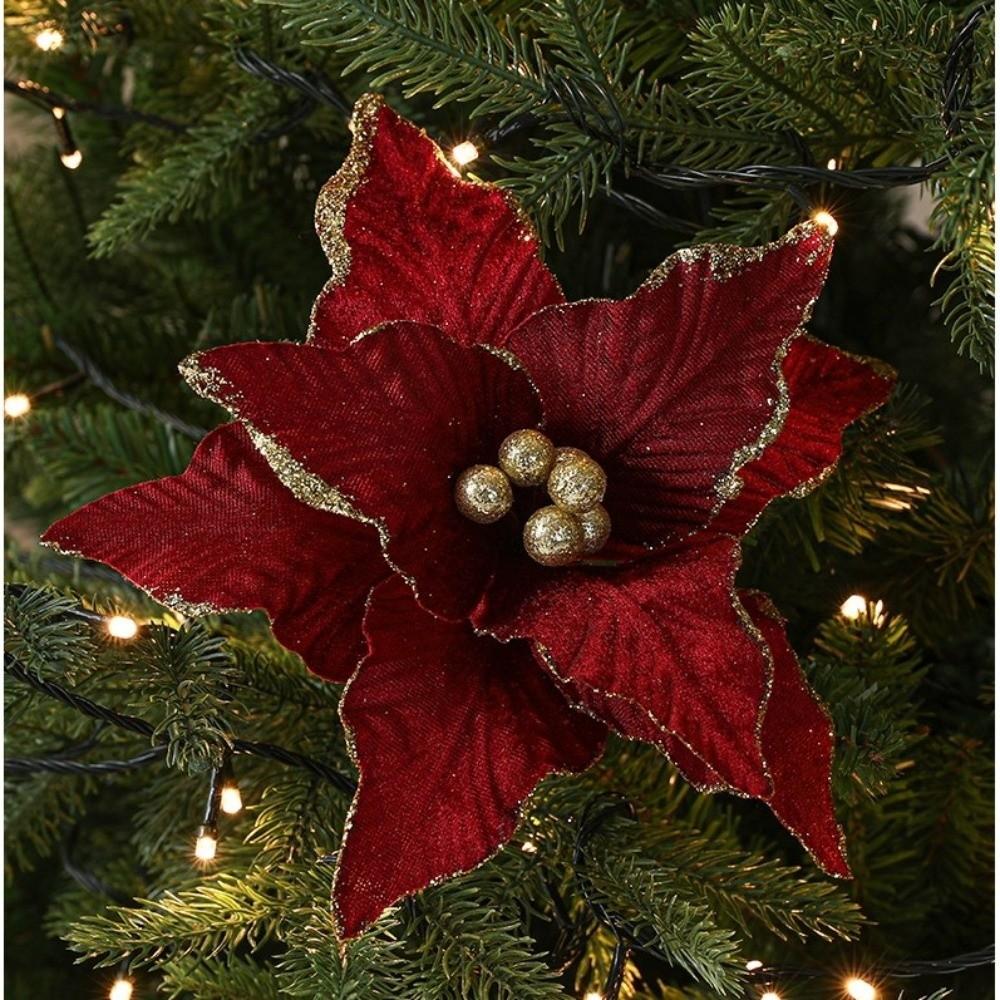 Large Poinsettia Glitter Flower 26cm Xmas Tree Decorations New Fake Flowers Christmas Decoration