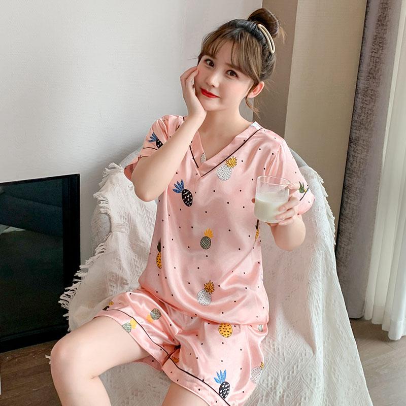 Summer Nightgown Thin Short-sleeved V-neck Artificial Silk Pajamas Set Korean Sweet Two-piece Suit Loungewear Sleepwear