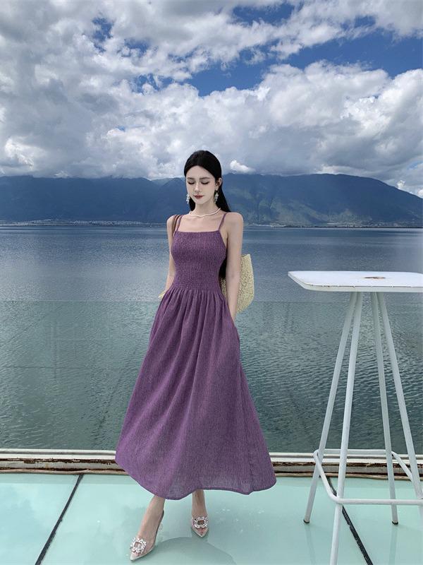 Purple Korean-Style Early Autumn Waist-Slimming Suspender Dress for Women