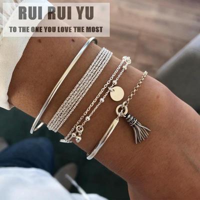 RUI RUI YU 4Pcs/Set Women Tassel Bracelet Multilayer Chain Disc Bracelet Set