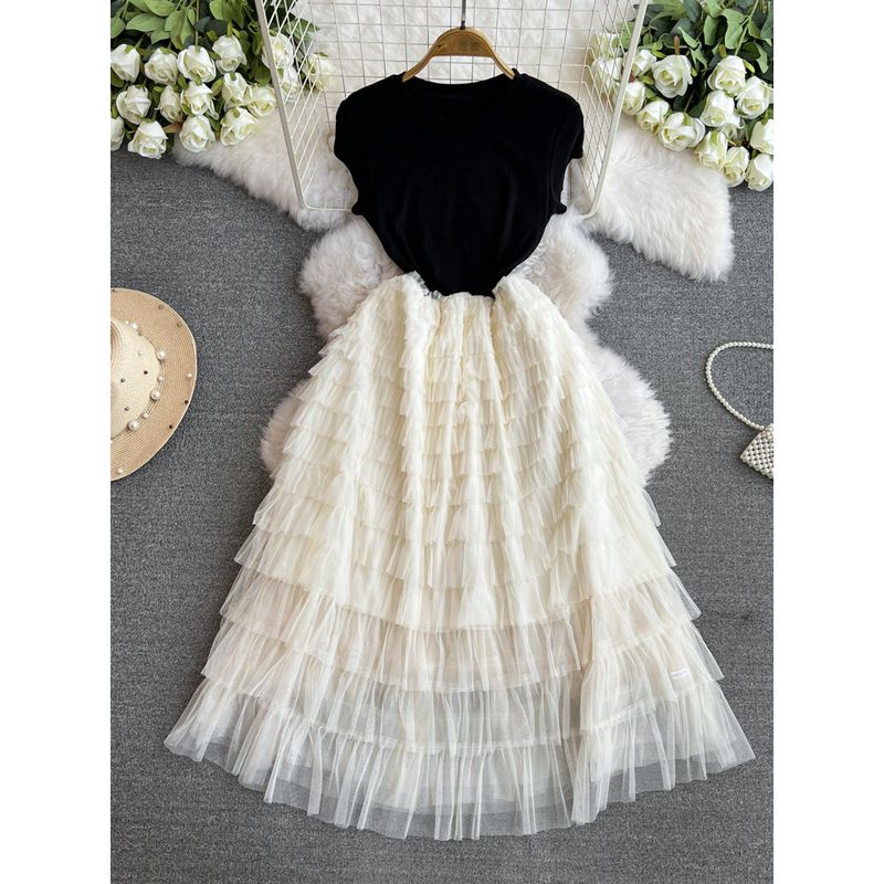 

French Style Gold Midi Dress for Women 2024 Summer New Arrival Black Panel Mesh Cinched Denim Casual Young Dress Black spell apricot One size