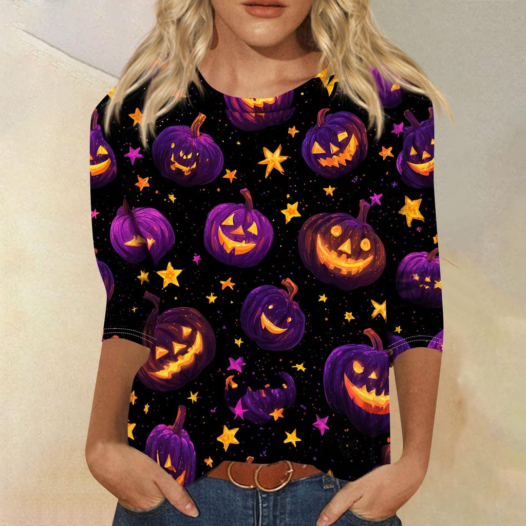 Women's Casual Crew Neck Three Quarter Sleeve Halloween Print T Shirt Top Lightweight Comfortable Fit for Everyday Wear