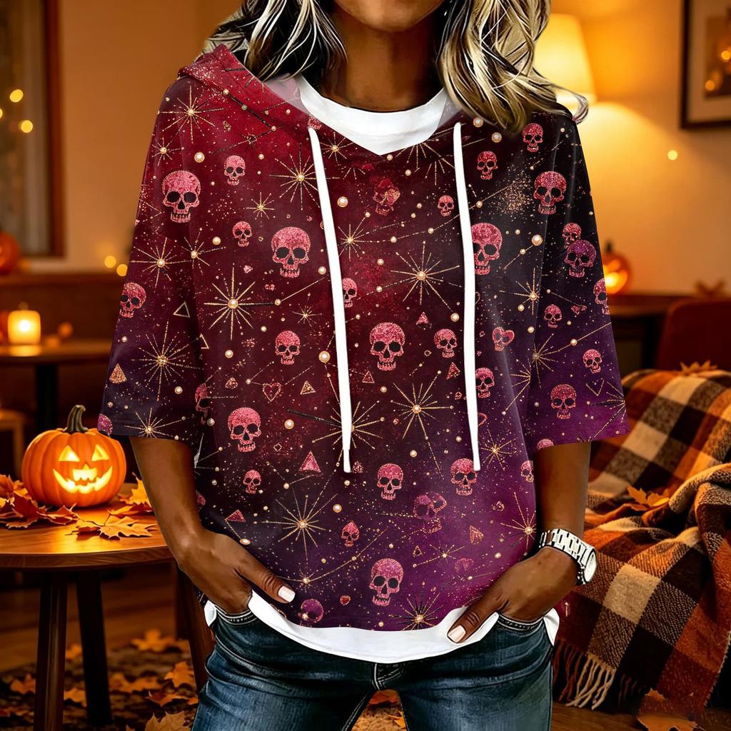 Women's Halloween Printed Hooded 3/4 Sleeve Casual Loose Fit Pullover