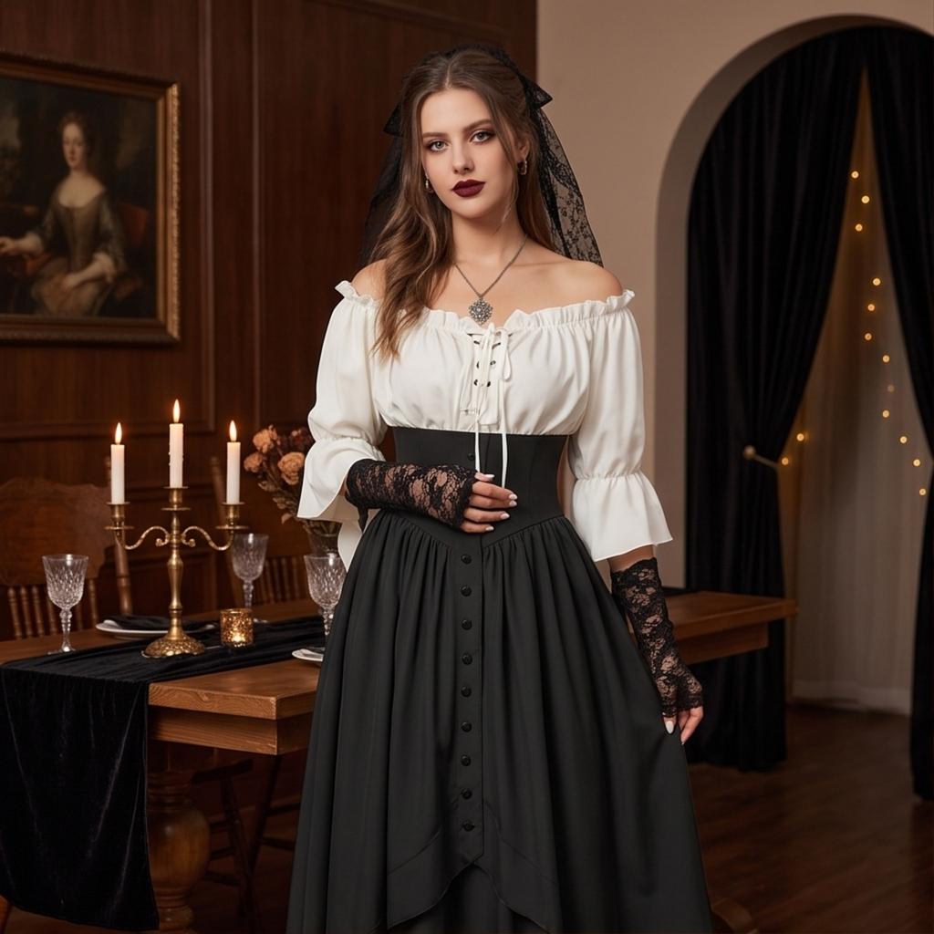 Damen Spitzen-Zweiteiler-Set (Oberteil und Rock) für Halloween-Kostüm