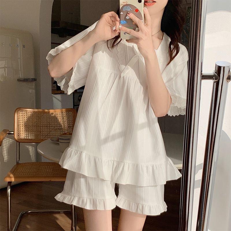 Summer Women's Palace Style Pajamas Ladies Set Short-Sleeved with Cushion Small Sweet Girlfriends Loungewear Set