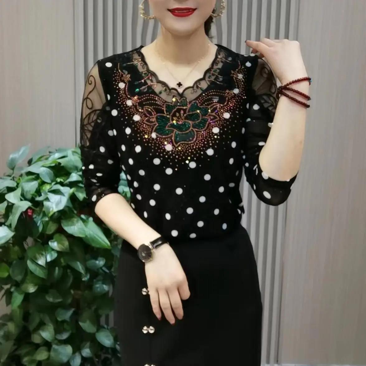 

Women s Autumn Ruffles Hollow Out Polka Dot Blouse Clothing Plus Size Casual Tops Diamonds Shirt M