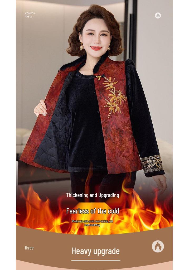 Stylish Fleece-Lined Chinese Padded Vest Set for Middle-Aged/Elderly Women - Plus Size, Autumn/Winter Collection