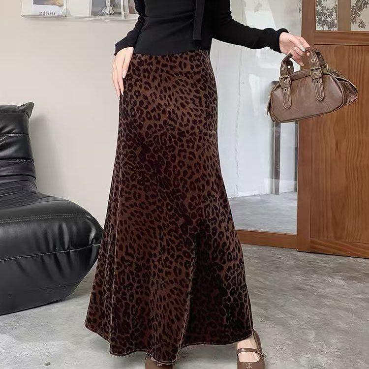 Velvet Leopard Print Skirt Women Autumn Winter High Waist Slim Casual Versatile Draping A Line Maxi Skirt