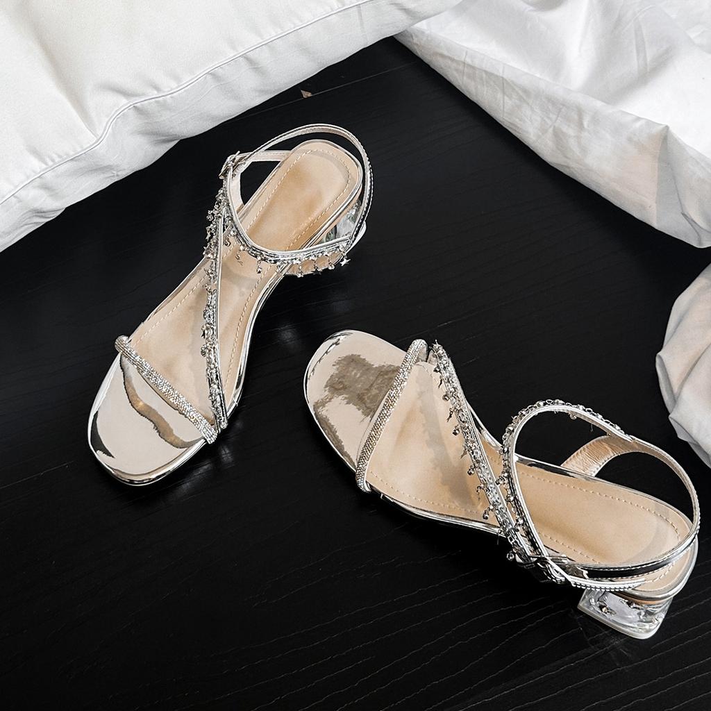 Sandals female summer silver fairy with skirt rhinestones with transparent thick heels and open-toed high heels