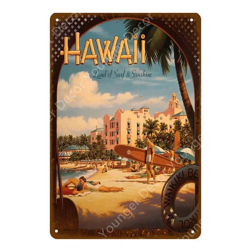 Vintage Hawaii Surfs Up Beach Welcome Metal Tin Sign Ocean Poster for Cafe Bar Outdoor Decor Home Wall Decoration