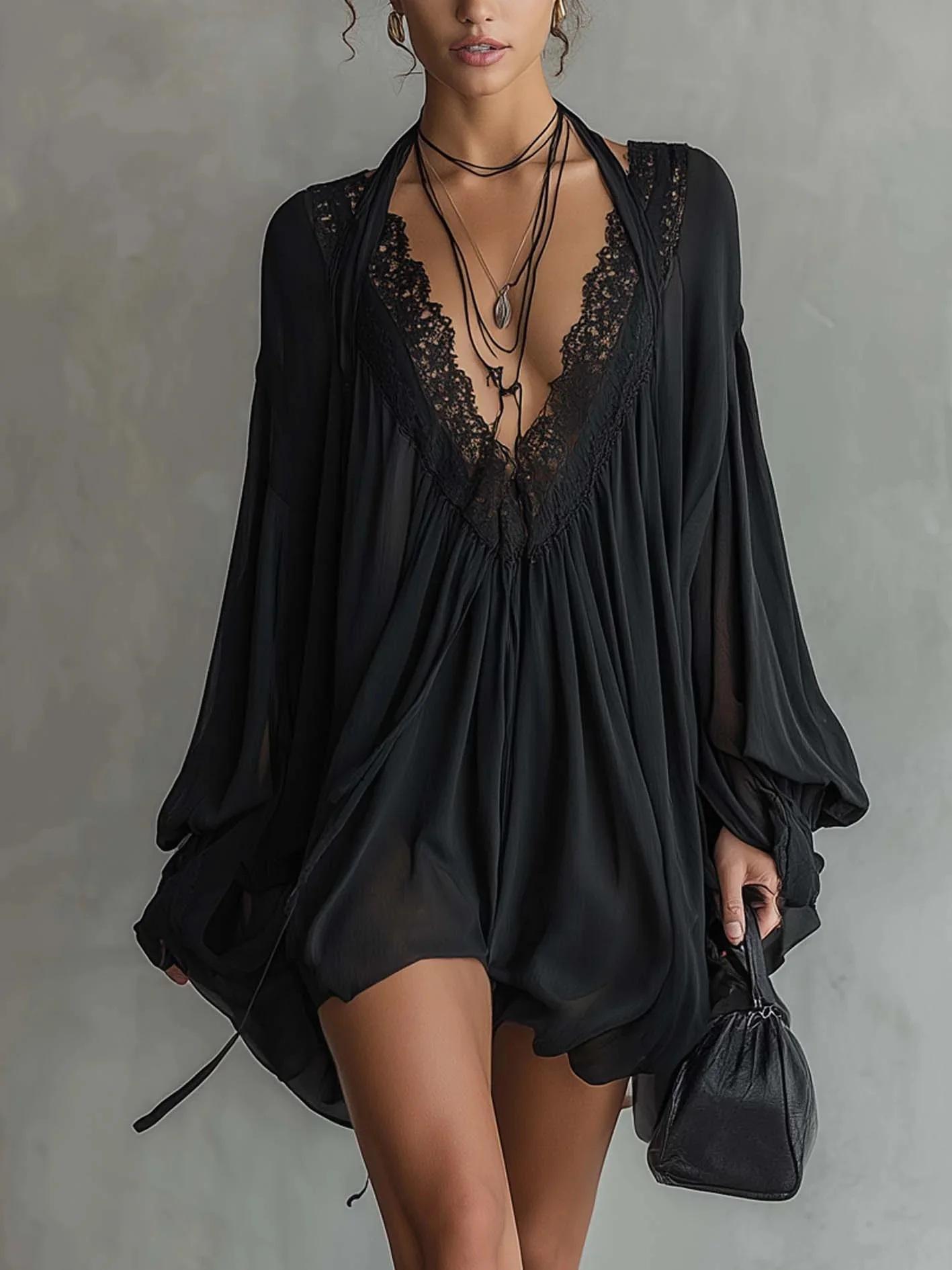 2026 new European and American style black lace splicing V-neck satin nightgown dress sexy loungewear S чёрный