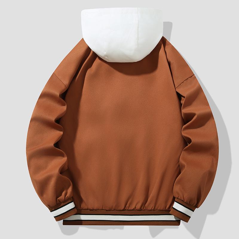 Men's Casual Hooded Jacket - Spring/Autumn 2025 Trendy Embroidered Baseball Style, Fake Two-Piece Design for Couples
