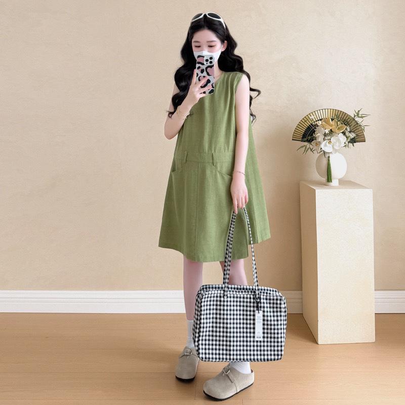 

Maternity Mori Style Linen Sleeveless Dress – Loose Fit for Petite Pregnant Women Medium зелений