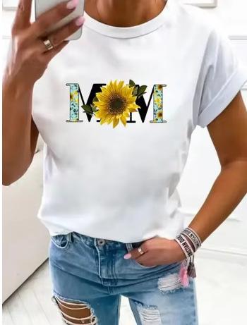 Large Size Women's Flower Mom Vintage Trend Clothing Printed T-Shirt Clothing Summer Basic Top Short Sleeves