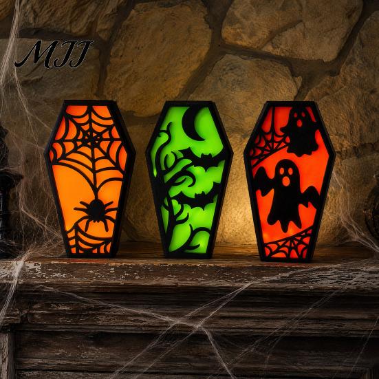 Solid Wood Halloween Craft Casket Decor, DIY Bat Ghost Ornament with Lights, Horror Decoration Spooky Graveyard Scene Prop for Party Home
