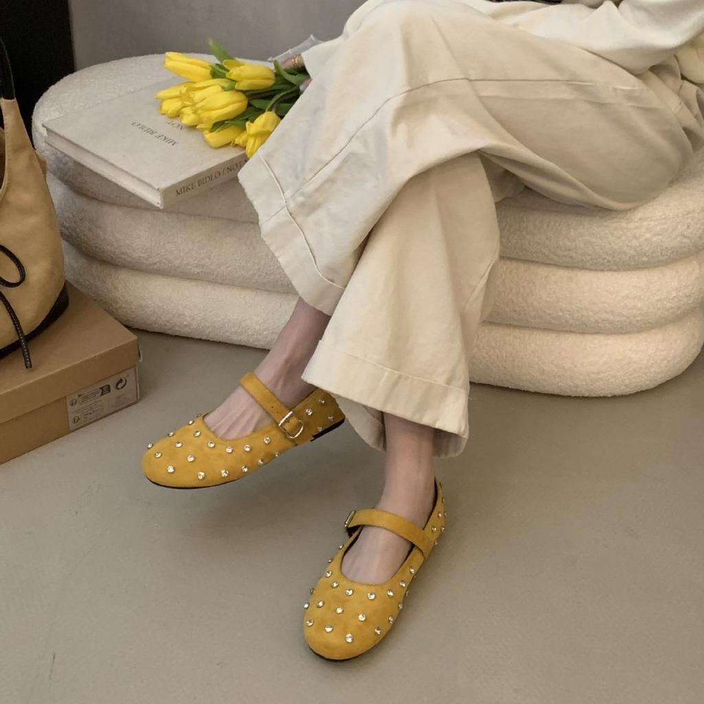 Pumps Rhinestone Round Toe Low Cut Women's Spring Autumn Korean Style French Style ElegantBalletWanwan StyleShoesFlatMary Jane Shoes
