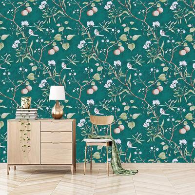 Vinilo Melocotonero Pelar y Pegar Papel Pintado Verde con Motivos de Flores y Pájaros Impermeable Removible Autoadhesivo Decoración de Pared para el Hogar