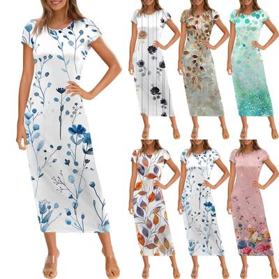 Women's Fashion Casual Print Round Neck Short Sleeve Long Dress